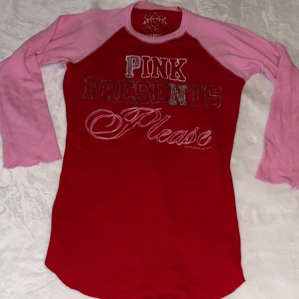PINK Victoria's Secret Red Body with Pink Raglan Sleeve Long-Sleeve Tee